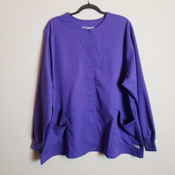 Grey's Anatomy Jamie 4-Pocket Round Neck Snap Front Warm Up Purple Scrub Jacket - Picture 1 of 8